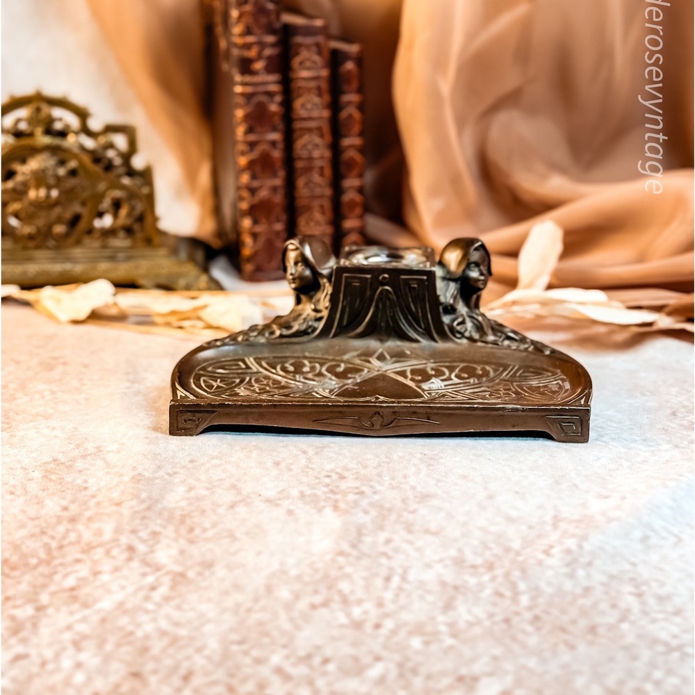 art nouveau bronzed spelter  transitional inkwell and pen holder